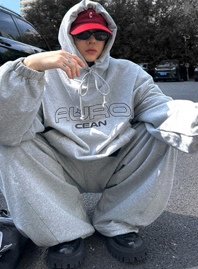 Aurocean 复古刺绣连帽卫衣 松弛感花灰色重磅纯棉宽版廓形帽衫