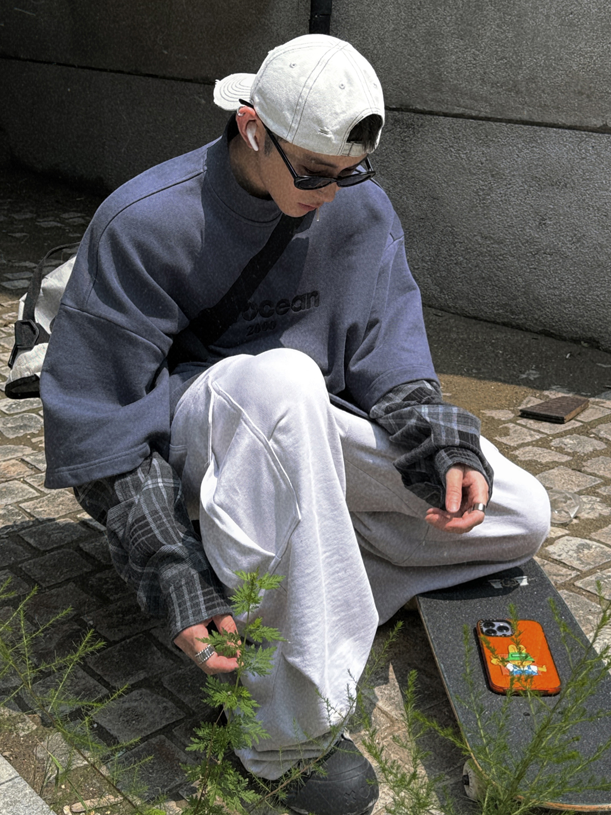 Aurocean 半高领假两件卫衣 420克重磅纯棉灰蓝色宽松版秋冬内搭