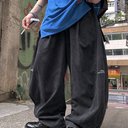 Aurocean 夏日轻盈运动卫裤 水洗炒色纯棉拼接宽松大版黑色休闲裤