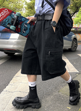 Aurocean 做旧工装短裤 13安重磅纯棉珠帆手工磨损水洗黑色五分裤