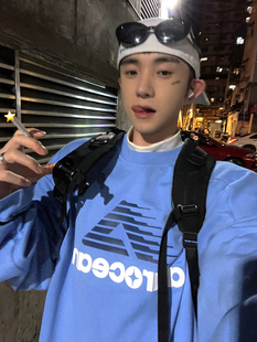 Aurocean 长袖T恤 定染牛奶蓝320克重磅全棉宽松大版复古厚版印花