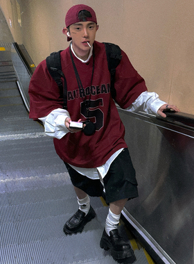 Aurocean 叠穿单穿都很帅的球服T恤 做旧印花红色鸟眼速干短袖