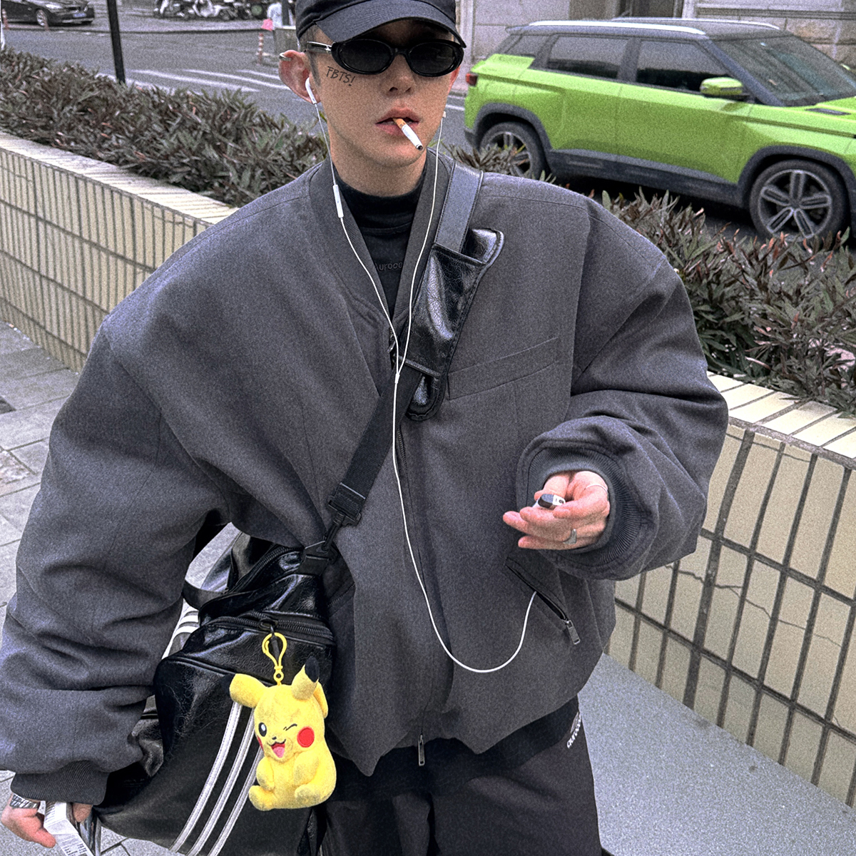 Aurocean 复古学院感bomber棉服 宽肩廓形深灰色棉衣外套