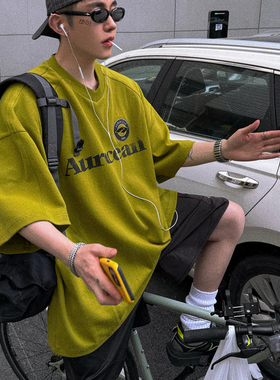 Aurocean 复古徽章刺绣短袖球衣 宽松大版做旧印花果绿色球服T恤