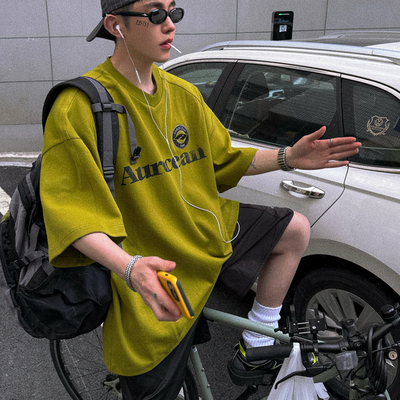 Aurocean 复古徽章刺绣短袖球衣 宽松大版做旧印花果绿色球服T恤