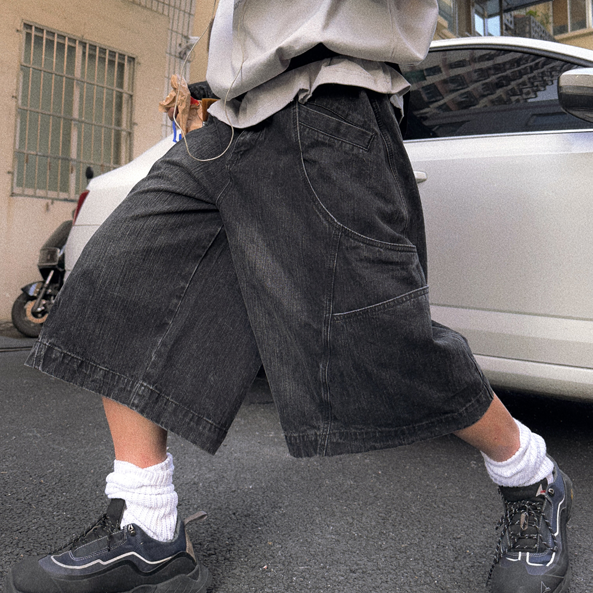 Aurocean  水洗黑竹节牛仔短裤 多口袋解构设计宽松大版中裤