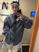 Aurocean 防晒休闲衬衣 学院少年长袖 藏青细条纹衬衫 宽松廓形大版