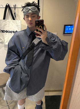 Aurocean 藏青细条纹衬衫 宽松廓形大版学院少年长袖防晒休闲衬衣
