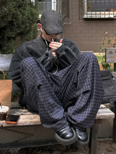 灰蓝小格子抗皱立体收褶宽松休闲裤 Aurocean 复古学院格子西裤