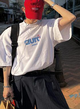 Aurocean 清爽少年感白色短袖T恤 320克重磅印花破损做旧大版t