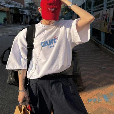Aurocean 清爽少年感白色短袖T恤 320克重磅印花破损做旧大版t