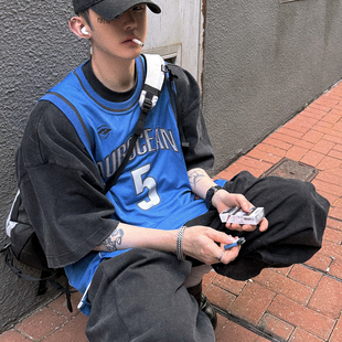 Aurocean 灰蓝拼色复古做旧贴布绣球衣 叠穿专用超大件篮球背心