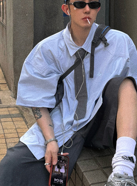 Aurocean 浅浅浅蓝色学院少年短袖衬衫 宽肩廓形磨损大版纯棉衬衣