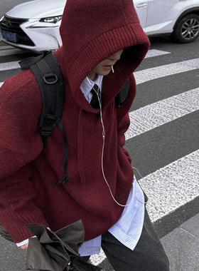 Aurocean 一年一度红色羊毛衣 元气少年感宽版廓形连帽保暖针织衫