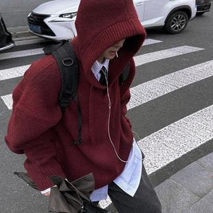 廓形连帽保暖针织衫 Aurocean 气少年感宽版 元 一年一度红色羊毛衣