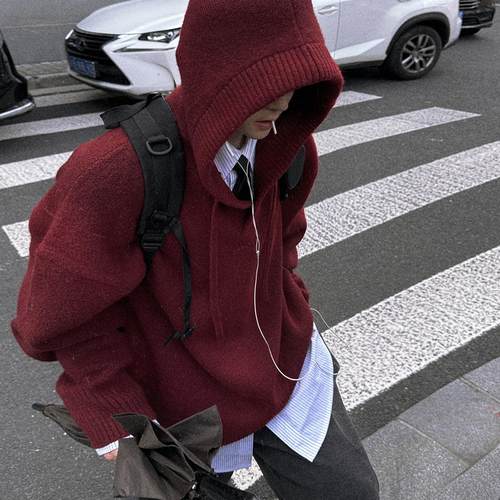 Aurocean 一年一度红色羊毛衣 元气少年感宽版廓形连帽保暖针织衫