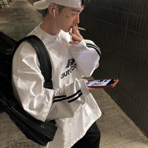 Aurocean 运动少年假两件长袖T恤 手绘涂鸦印花320克纯棉大版白t