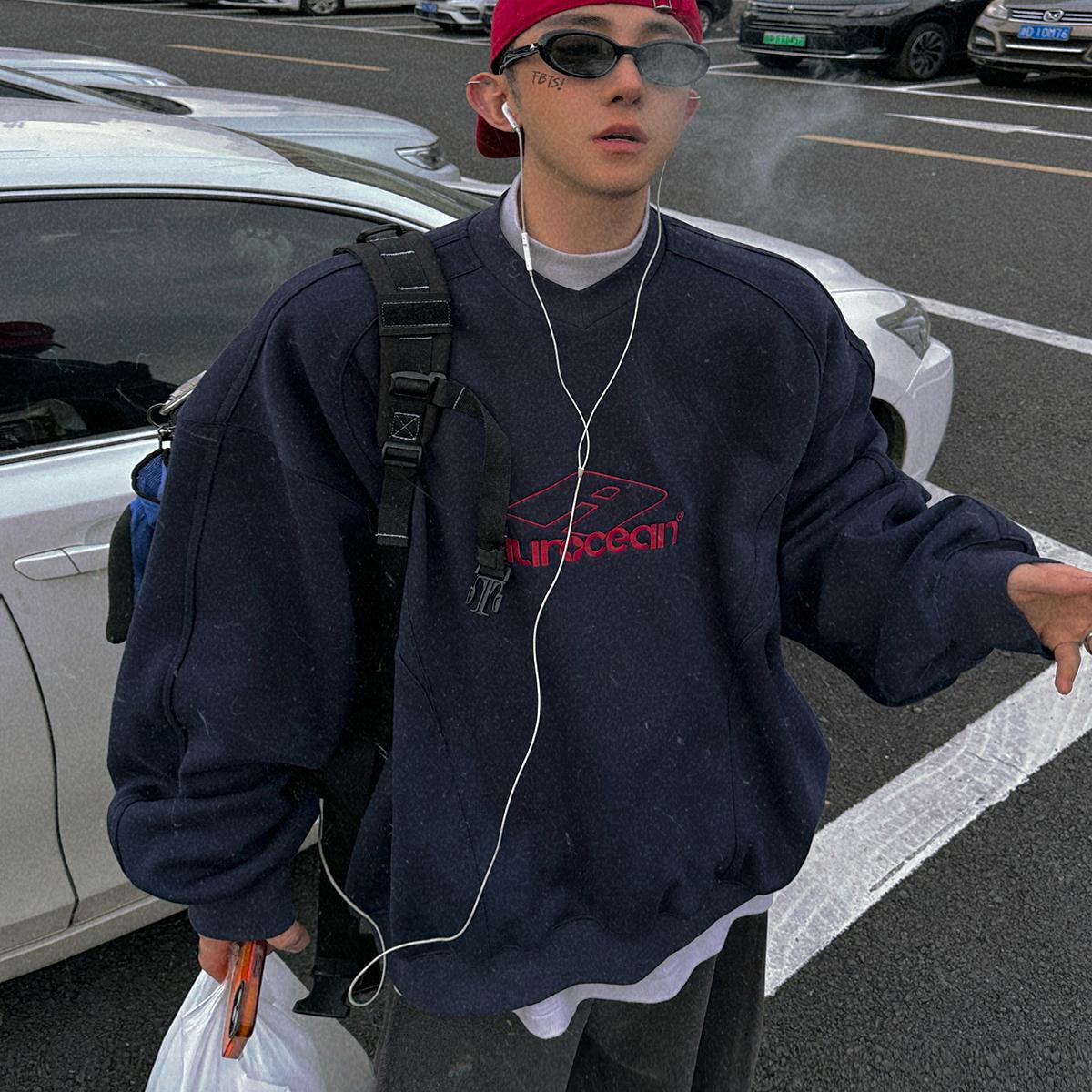 Aurocean 复古少年感撞色加绒卫衣500克重磅巨显白藏青色训练服