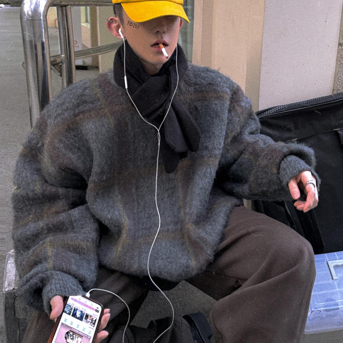 Aurocean 颜色很绝的马海毛格纹毛衣 羊毛混纺宽松大版保暖针织衫