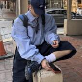 刺绣手绘涂鸦肌理感大版 Aurocean 学院少年浅蓝色细条纹衬衫 衬衣