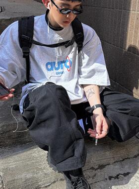 Aurocean 破损做旧浅花灰短袖T恤320克重磅纯棉热固油墨印花大版t