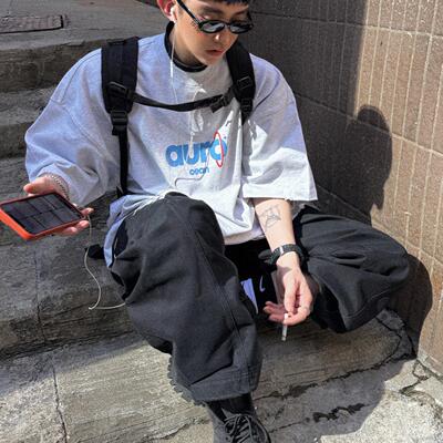 Aurocean 破损做旧浅花灰短袖T恤320克重磅纯棉热固油墨印花大版t