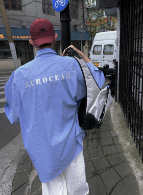 Aurocean 够大才松弛细条纹衬衫 城市男孩刺绣浅蓝色短袖衬衣