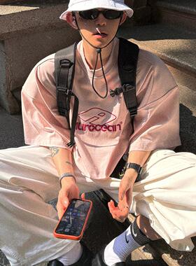 Aurocean 经典红标刺绣T恤 宽肩廓形重磅纯棉破损做旧粉色短袖