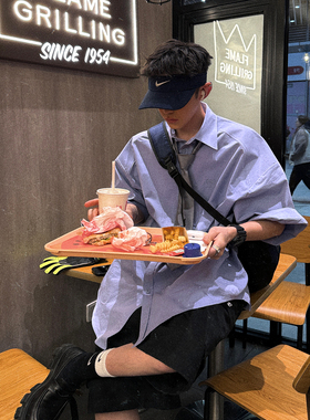 Aurocean 宽肩廓形大衬衫 松弛少年感复古学院刺绣浅蓝色纯棉短袖