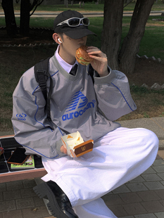 Aurocean 运动外套 复古少年感套头棒球领宽松大版灰色长袖