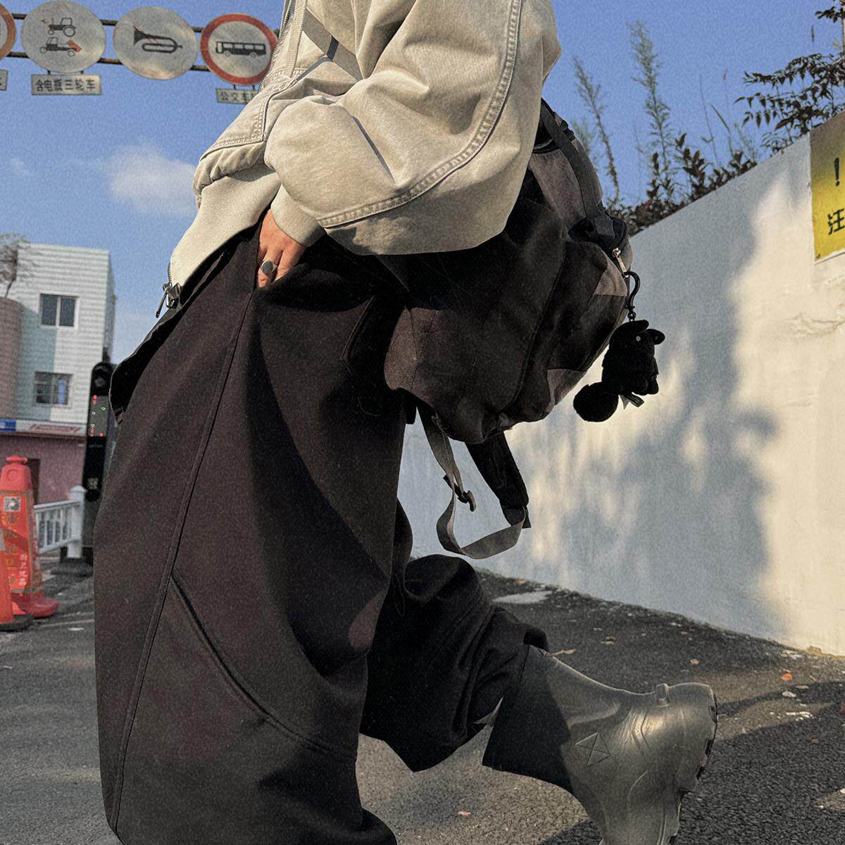 Aurocean 黑色加绒卫裤 500克重磅棉堆叠感弯刀解构保暖休闲裤,男装,卫裤,淘宝优惠券,粉丝福利购,淘宝优惠卷