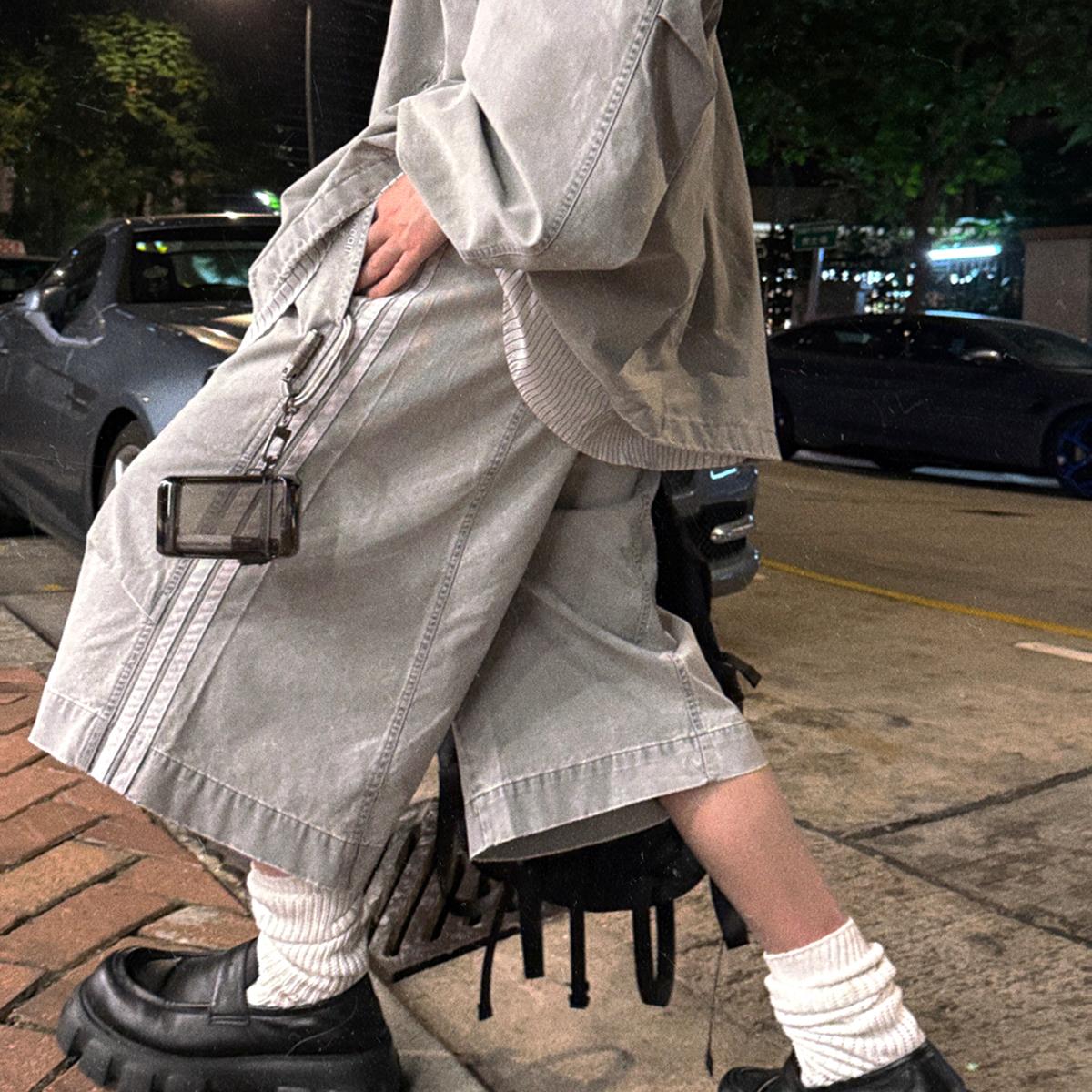 Aurocean 水洗旧感工装运动风短裤 宽松大版立体收褶浅灰色中裤