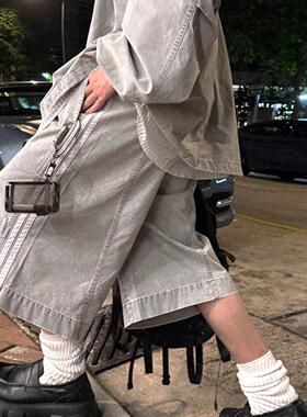 Aurocean 水洗旧感工装运动风短裤 宽松大版立体收褶浅灰色中裤