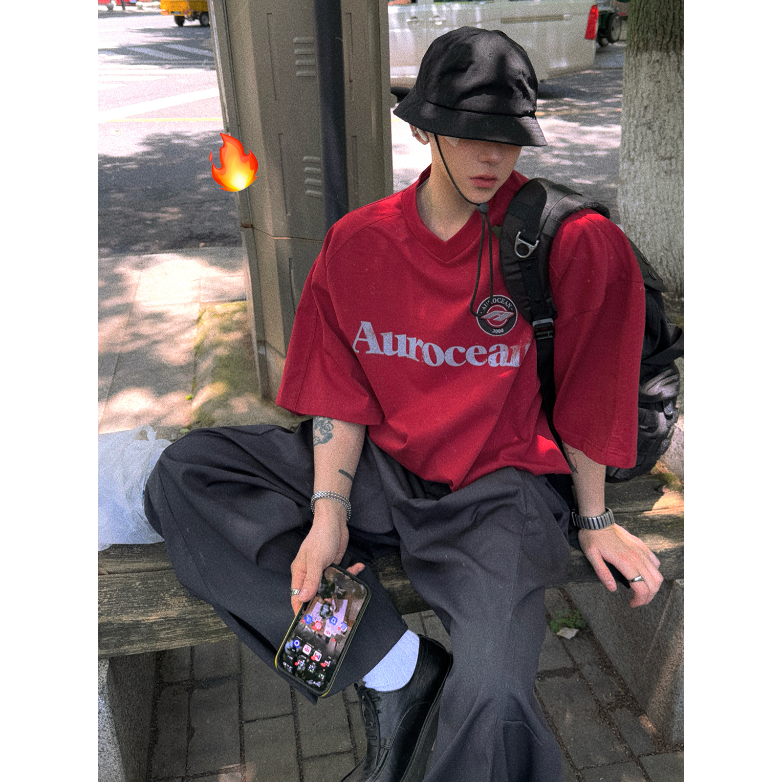 Aurocean 复古徽章刺绣短袖球衣 宽松大版做旧印花红色球服T恤