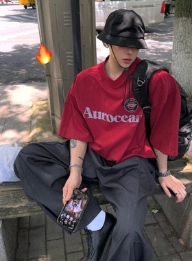 Aurocean 复古徽章刺绣短袖球衣 宽松大版做旧印花红色球服T恤