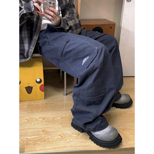 休闲裤 Aurocean 低饱和深蓝色多口袋大版 裤 机能小子明线工装