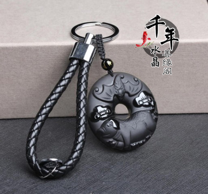 本命年聚财平安黑曜石钥匙扣吊坠