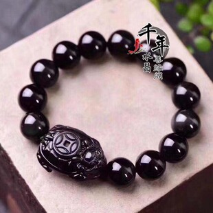 天然黑曜石龙龟手链彩眼 黑曜石龙龟手串男女招财守财聚财男女款