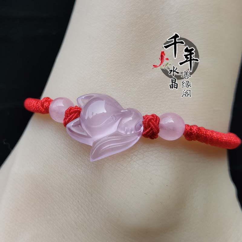 2026年天然粉水晶狐狸红绳手链灵狐旺桃花吉祥招财平安脚链