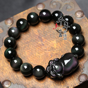 天然彩眼黑曜石生肖猪手链金耀石手串本命年招财聚财水晶福禄佑猪