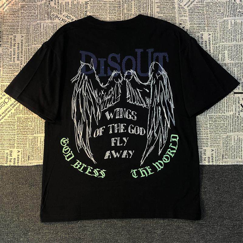 WINGS 프린트 인 남성 및 여성 트렌디 반팔 티셔츠 트렌디 힙합 하이 스트리트 바텀 셔츠 루즈 다크 커플 탑