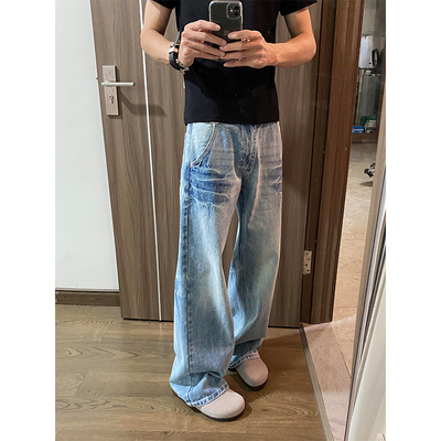 小众裂纹设计水洗浅蓝色牛仔裤男