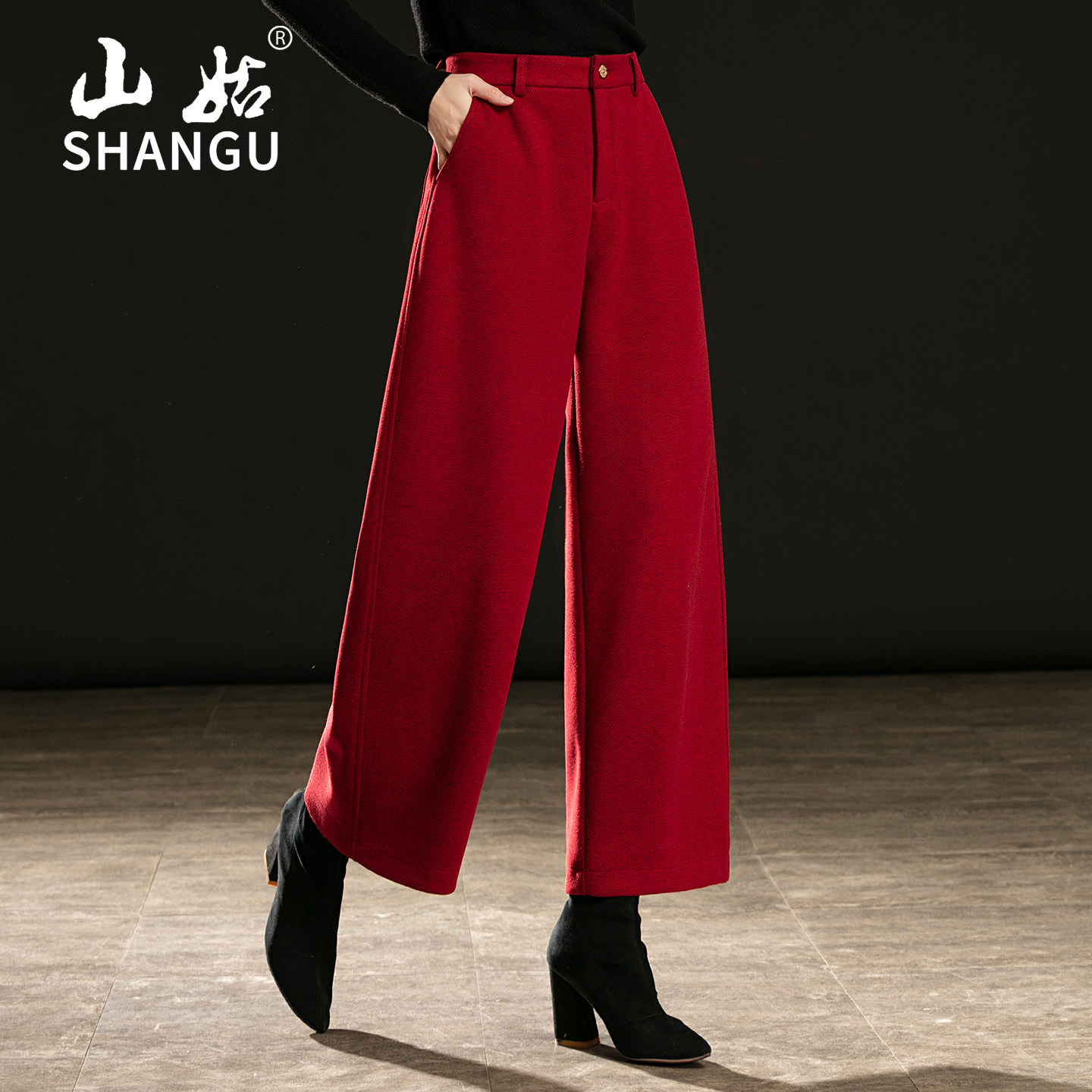 正红色羊毛呢弯刀阔腿裤女秋冬新款高腰宽松显瘦垂感小个子休闲裤
