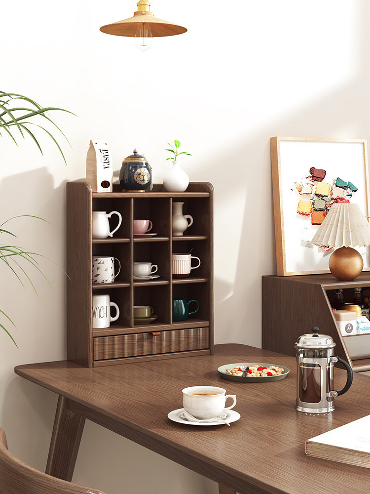 实木杯架格纹架水杯架茶杯柜咖啡展示架木格纹杯存储架