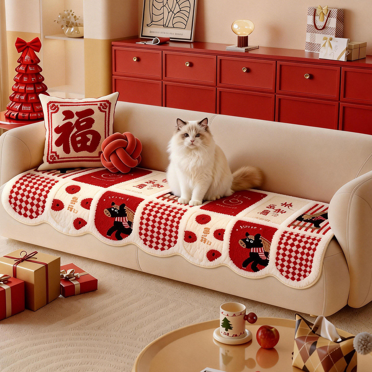 2026新款新年喜庆异形毛绒沙发垫一片式固定防滑防猫抓沙发坐垫子