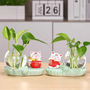 可爱招财猫水培花瓶桌面摆件