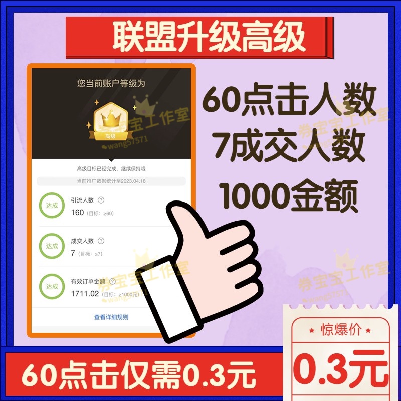 淘宝联盟升级高佣快速高级账户7成交人数1000成交金额60点击指导