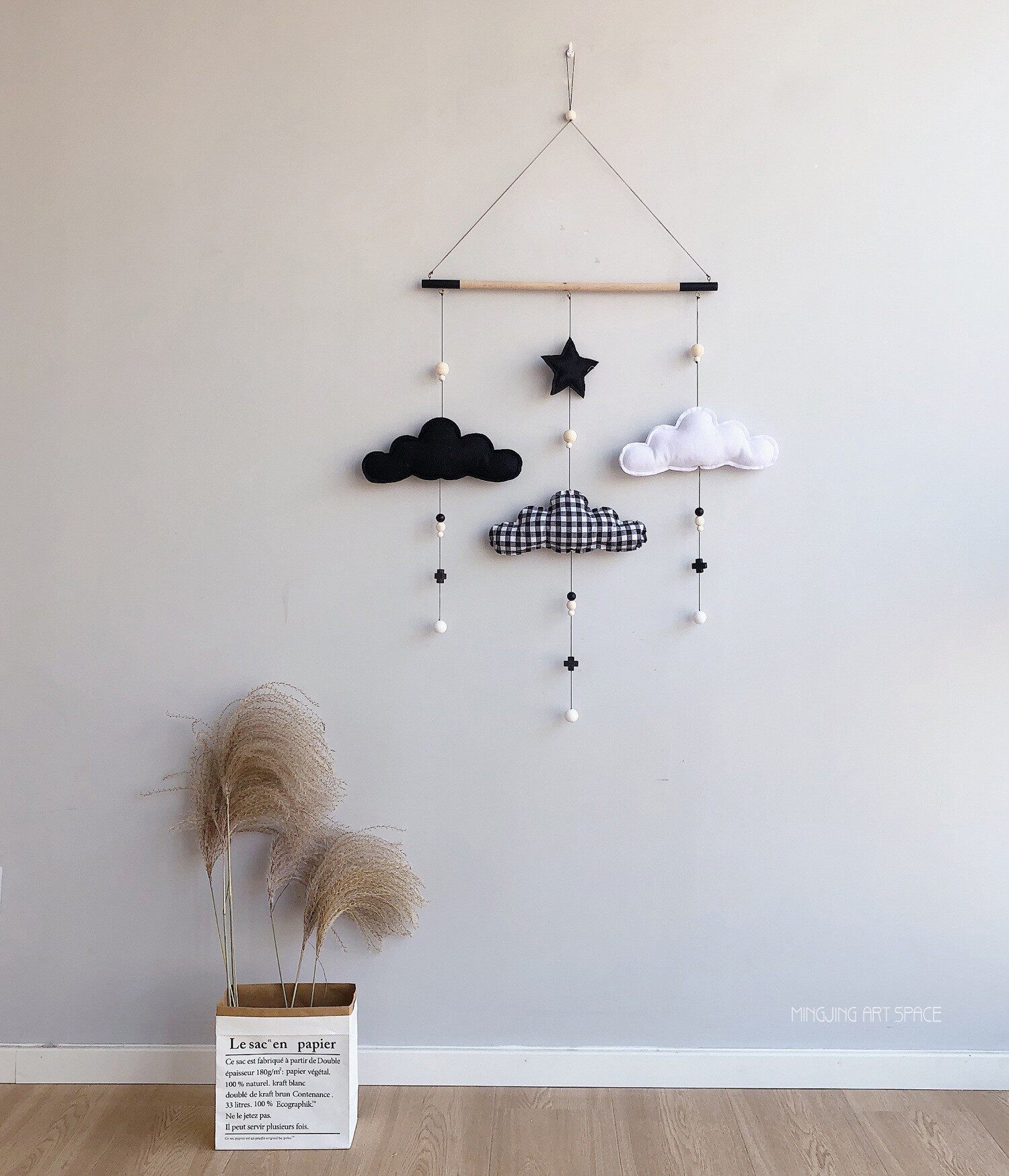 北欧黑白格子云朵纯手工木棍挂件儿童房家居墙面软装饰品挂饰壁饰