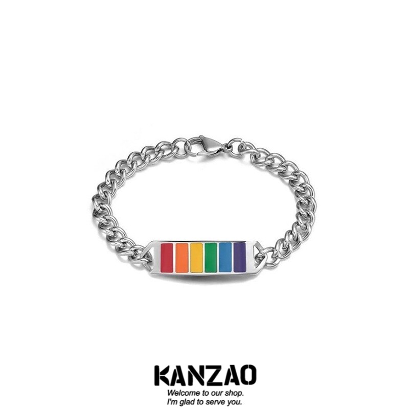 KANZAO韩版个性创意彩虹手链ins简约冷淡风钛钢手环男女潮流饰品