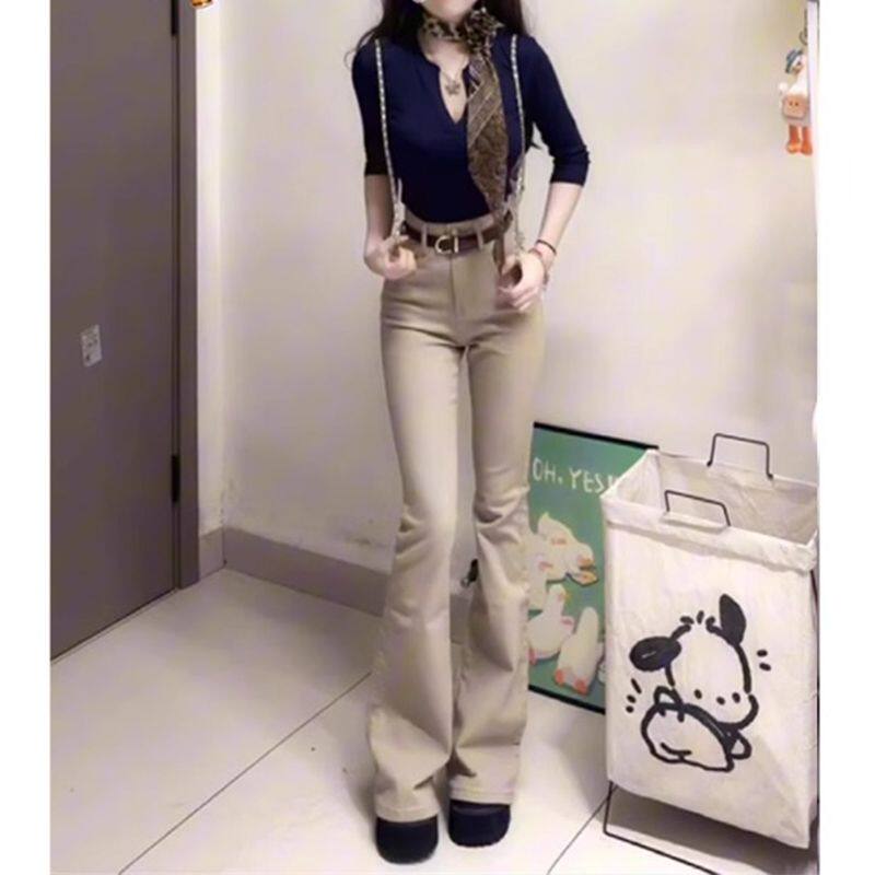 复古卡其窄版微喇牛仔裤女浅色小牛仔裤
